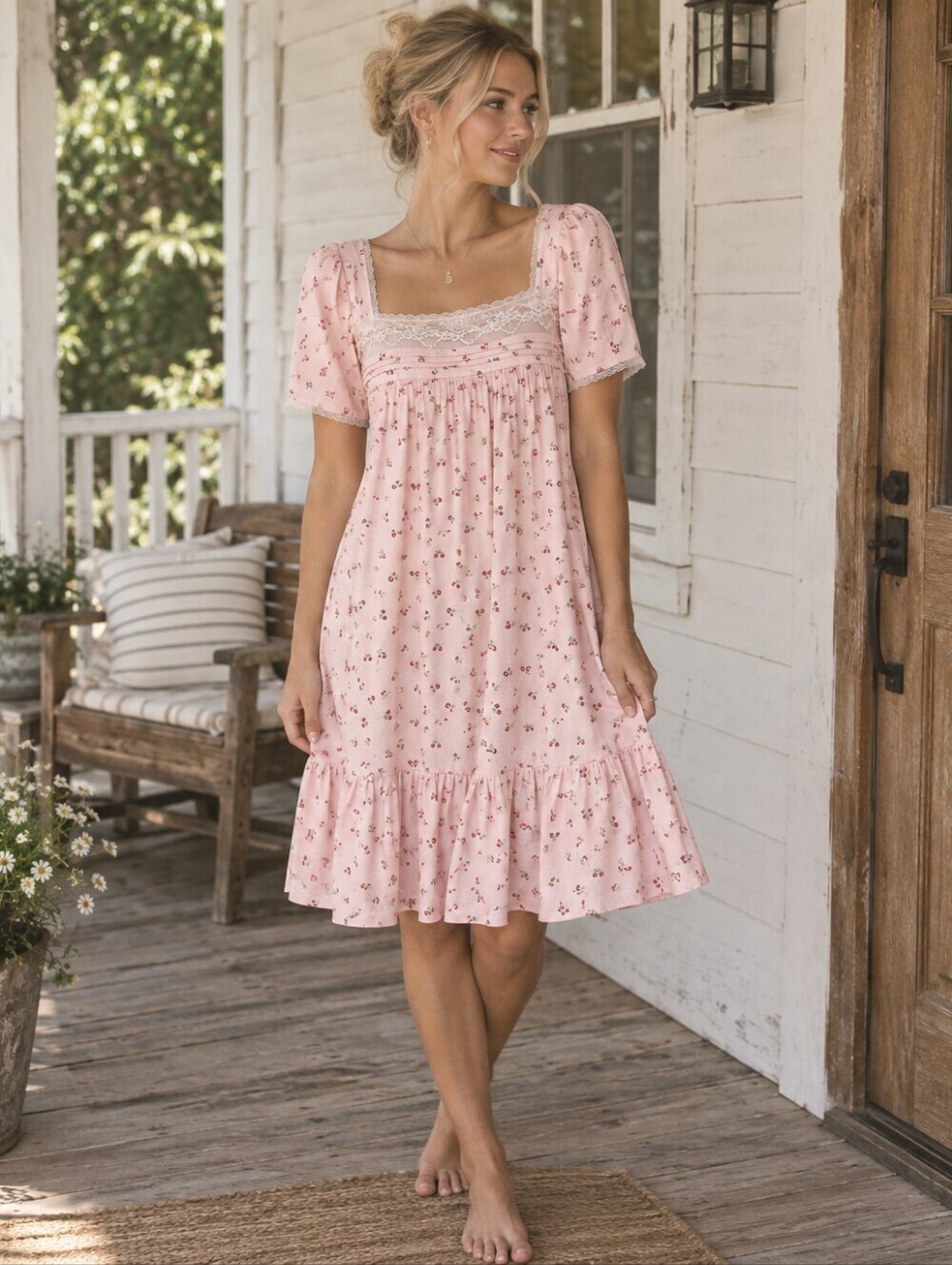 Ditsy Floral Nightgown Sleep Dress Size Small Pink Red Romantic Lace Trim Ruffle